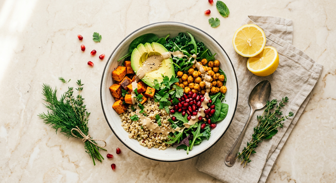 Colorful nourishing bowl with fresh vegetables, grains and greens